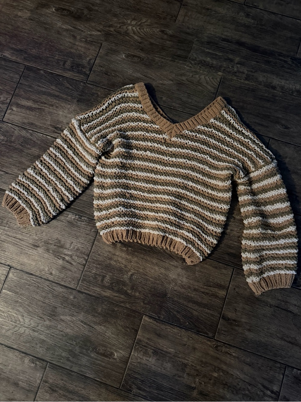 POL Chunky Toasted Almond Stripe Oversized Knit Short Sweater Size M Boho Grunge